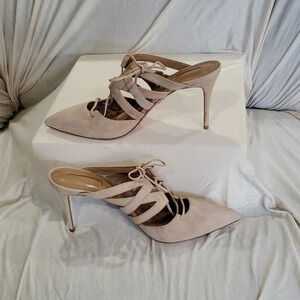 Aquazzura firenze taupe strappy heels soft suede gold details guc